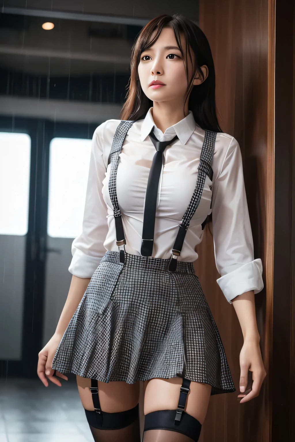 1 female, , high quality, masterpiece, Ultra-high resolution, Cinema Lighting, 1 female, , high quality, masterpiece, Ultra-high resolution, , Cinema Lighting, suspenders Moderate breasts Small face Looking up Sweat Thin belt buzzer 脇Sweat garter belt Belt on pants holster Hands behind your back Looking up Anxious face Knee-high Knee socks Knee-highソックス garter ふとももにgarter belt Checkered mini skirt Panty shot Skirt gap Armament holster holster Hands behind your back Anxious expression Anxious face, legs apart Armament Leg Holster holster See-through clothing heavy rain Rain-soaked dress shirt,Moderate breasts ガーターbelt suspenders Garter on the thigh Checkered mini skirt Looking up Pause belt Armpit sweat Hands behind back Raise your hands