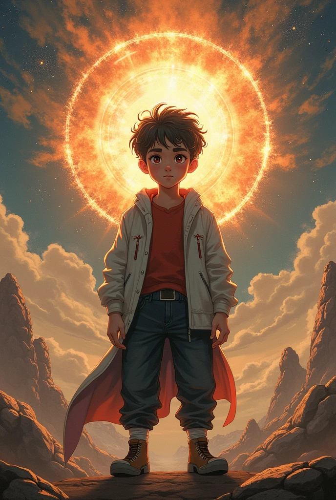 A chubby boy of approximately 15 years old with short curly hair taking over the world and spreading a new religion called "jojism"