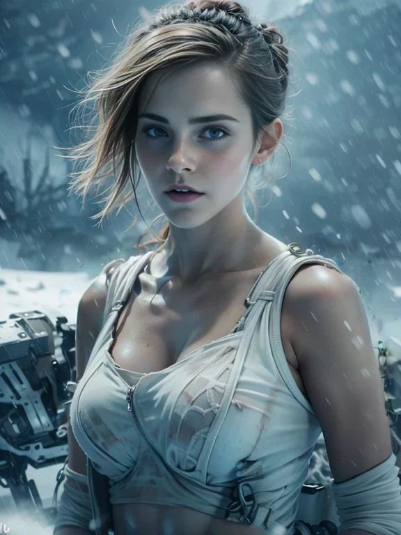 (Emma watson, detailed, 8k, photorealistic, cinematic lighting, dramatic lighting, half body shot), (apocalyptic,snowy winter landscape), (beautiful young woman, 23 years old, gorgeous european features,cleavage, short messy brown hair, intense gaze, elegant pose), (giant futuristic spacecraft,high-tech shuttle,cold icy environment),