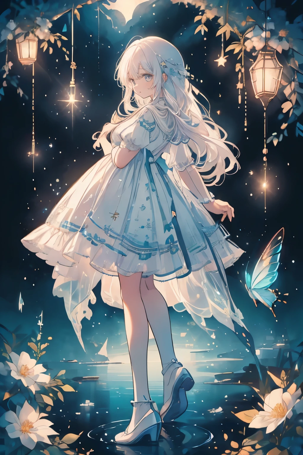 (Mastepiece), (Best Quality), Very detailed, 1 girl, (Full body solo shot:1.5), Perfect Face, beautiful girl, Very detailedな顔，(White hair long hair:1.5)，(blue eyes:1.4)，(Lots of butterflies々:1.2)、(Lots of white flowers:1.4)、(Lots of blue butterflies々:1.3)、(Sparkling:1.3)、moonlight、流れstar、(night、star空:1.4)、Crescent Moon、star々、moonlight