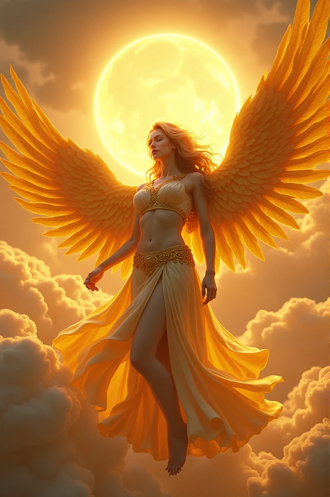 the sun god, with beautiful golden wings and calm and serene demeanor.