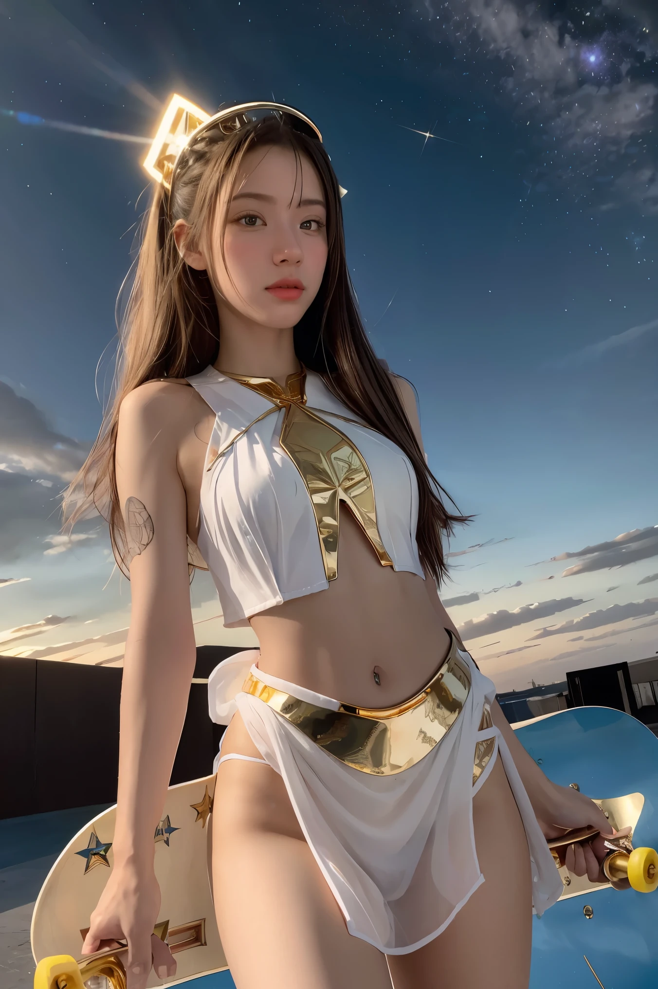 ((masterpiece, best quality, extremely detailed), volumetric lighting, ambient occlusion, colorful, glowing), 1girl, solo, young girl, (dark hair), long hair, halo, aura, sacred, goddess, cleric suit, (skateboarder outfits with gold detailst:1.3), seethrough robe, outdoors, sunset, sky, clouds, space, (fantasy theme:1.2),