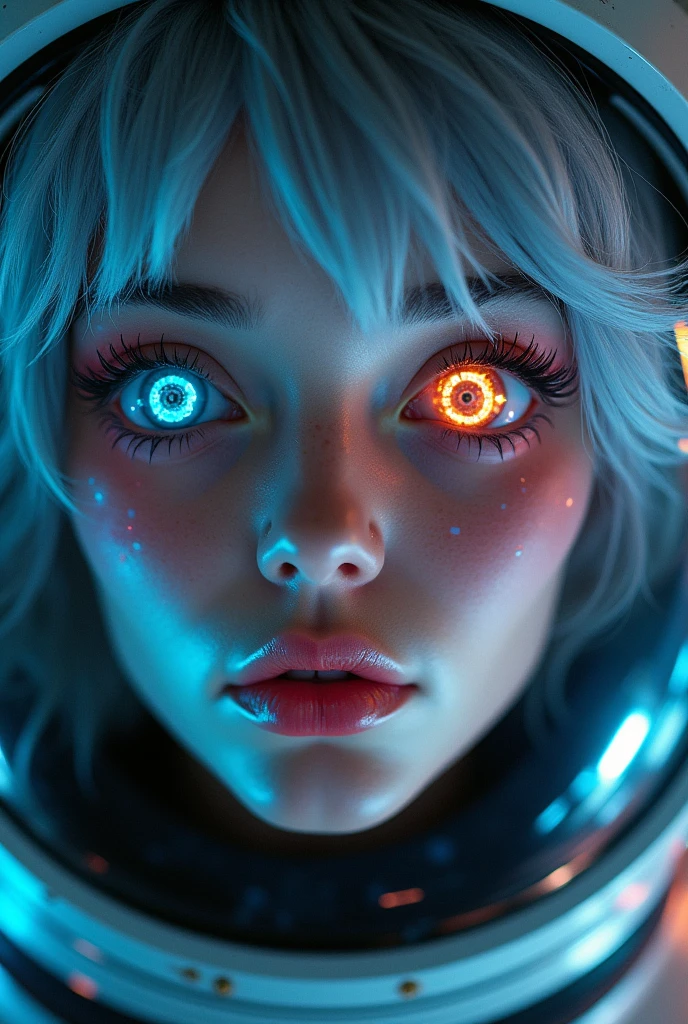 (Close-up of a better masterpiece:1.5)0.9], (Space and astronauts:1.2) (Messy silver hair:1.1) (Heterochromia xanthochromia and blue eyes:1.2) (Space Helmet:1.0) (Colored stars in the eyes:1.0) (A radiant glow:1.1) (thick lips:0.9)
