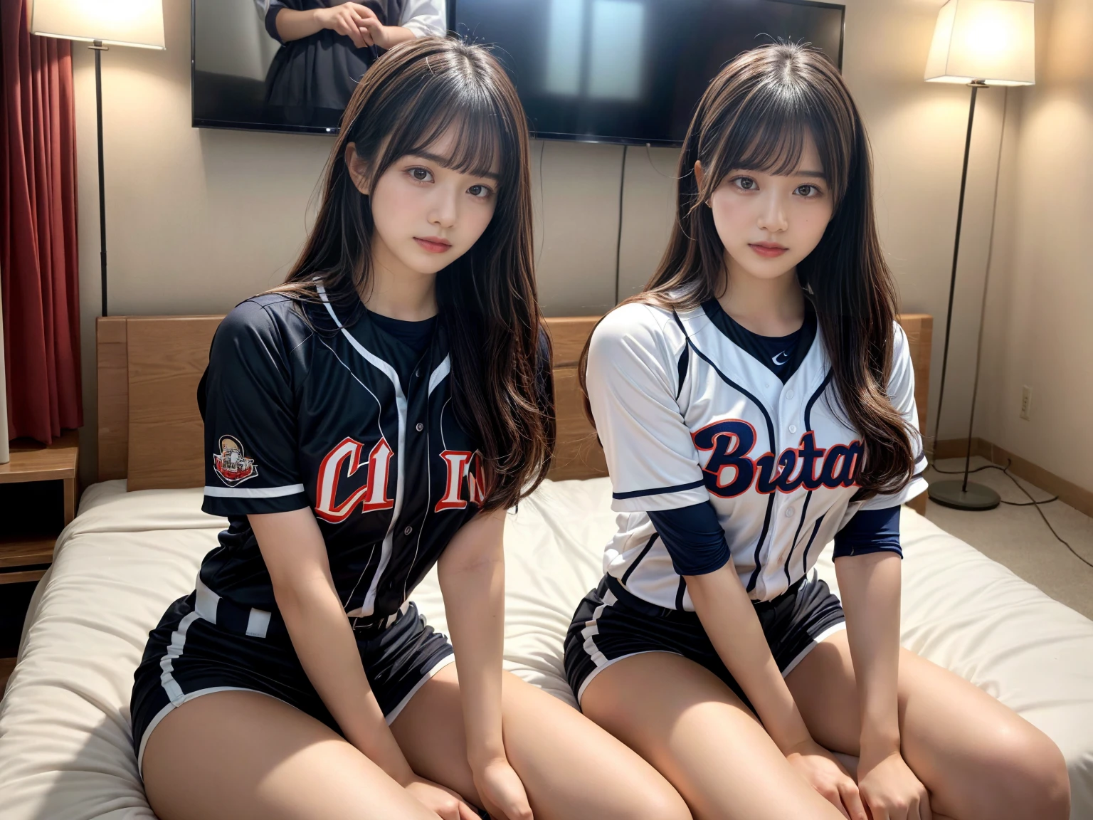 (RAW photo, 4k, masterpiece, high resolution, extremely complex) (realistic: 1.4), cinematic lighting
((2 girls)),Slam Dunk's,blushing,((innocent)),(Dark makeup),bright eyes,round eyes,blunt bangs,(straight hair:1.3),black hair,large breasts,wide hips,Summer Noon, 20 year old girl、cute type、ta,Hot, (Best Quality), (Highres), (an Extremely Delicate and Beautiful),(Beautiful 8k face),(Brown eyes),short bob hair,( spectators),(gigantic breasts),(Play with each other,Touching each other's bodies,Touching the body),((Baseball Uniforms), a miniskirt, Toned buttocks),(reality),bright lighting,(The background is a luxury hotel room)