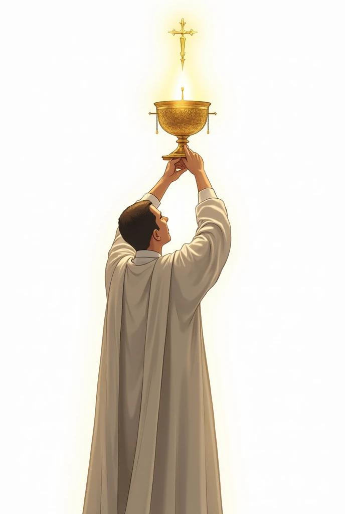Just the outline of a priest raising a monstrance with a host inside on a white background 
