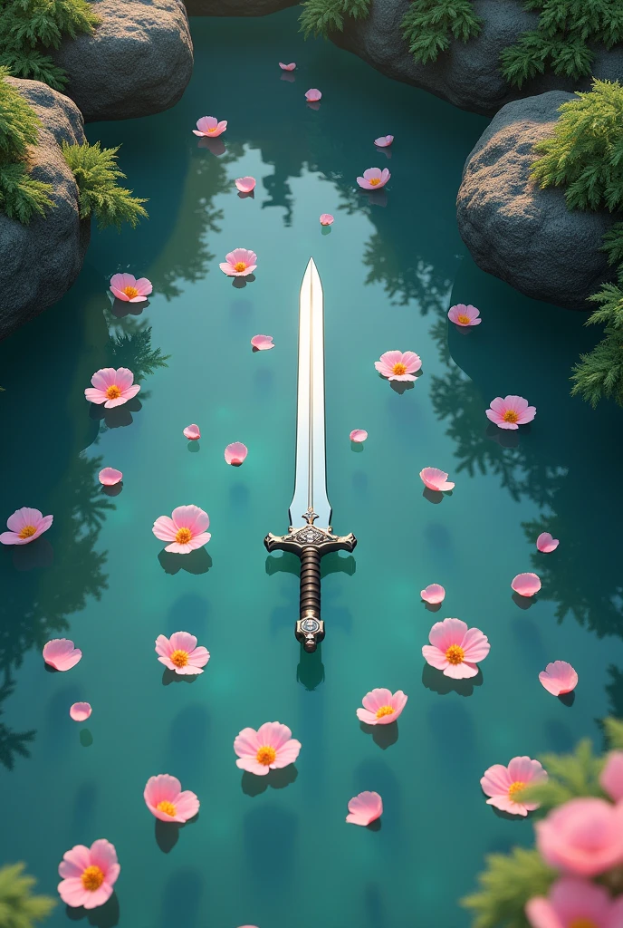 The clear water has a few pink petals and a sword. Top view of the lake. Looks a little more real. More petals.