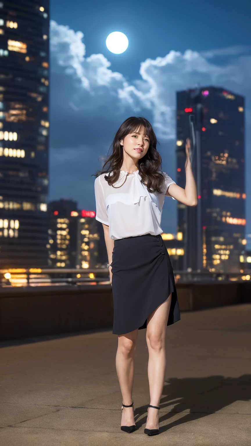 ((Highest quality)), ((8k)), ((masterpiece: 1.3)), (Perfect appearance), (Photorealism: 1.6), (JMA), (Who), (Ultra-high resolution), (Late Night: 1.4), (Skyscraper rooftop: 1.4), (Rooftop without railings: 1.2), (Night sky with the moon peeking through the clouds: 1.4), (Windy rooftop: 1.4), (屋上の縁にJapanese Matureが立っている: 1.6), (Woman Standing in the Center: 1.4), (Angle from the legs: 1.4), (60 years old, Japanese Mature), ((Realistic skin texture)), ((Realistic skin texture)), (Fine wrinkles all over the skin), (Dullness), (Facial wrinkles), (Wrinkles around the eyes), double eyelid, Tear bags under the eyelids, (corner of the eye), Thin eyebrows, Serious expression, (Short bangs: 1.2), (Long Hair: 1.6), (強風でLong Hairが乱れる: 1.4), (Soft fabric blouse: 1.2), (Flared long skirt: 1.2), (Her blouse and skirt are fluttering in the wind.: 1.4), (High heels: 1.2),