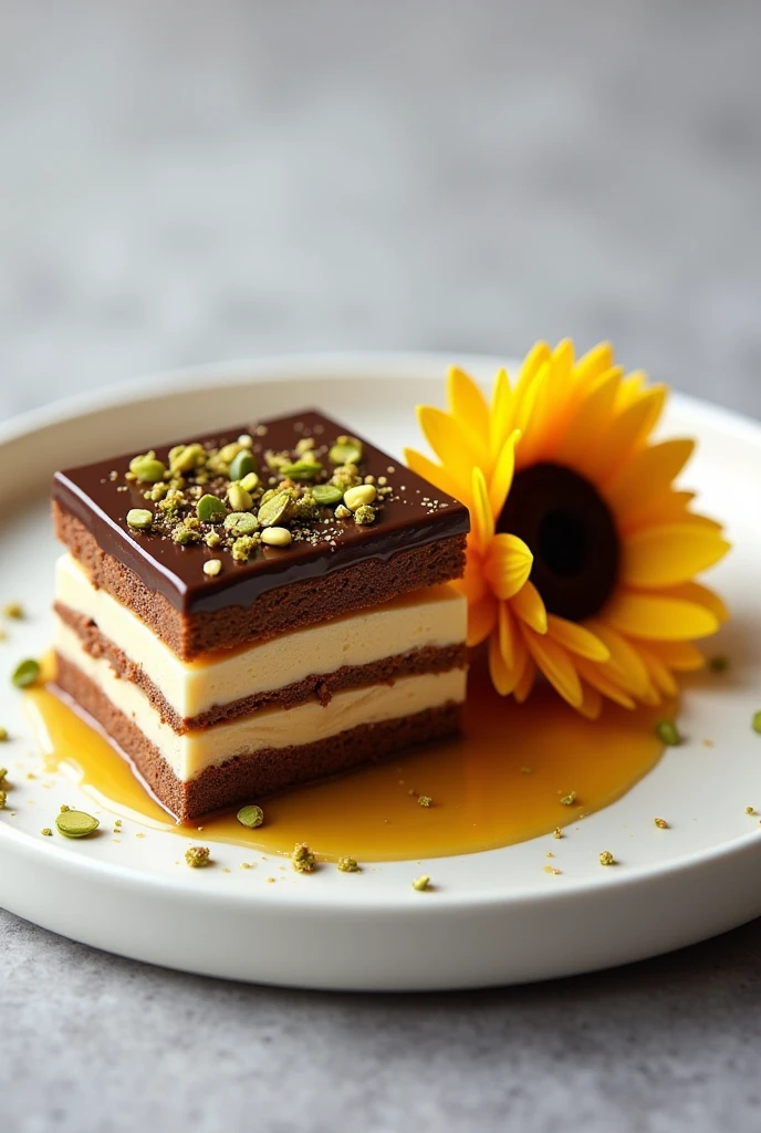 Plate containing a dessert, rectangular pavé on one side of the dish with interspersed layers of dough, creme de pitache e creme de doce de leite, covered with a mirrored chocolate coating and with chopped pistachios on the other side a sunflower made of chocolate with yellow petals