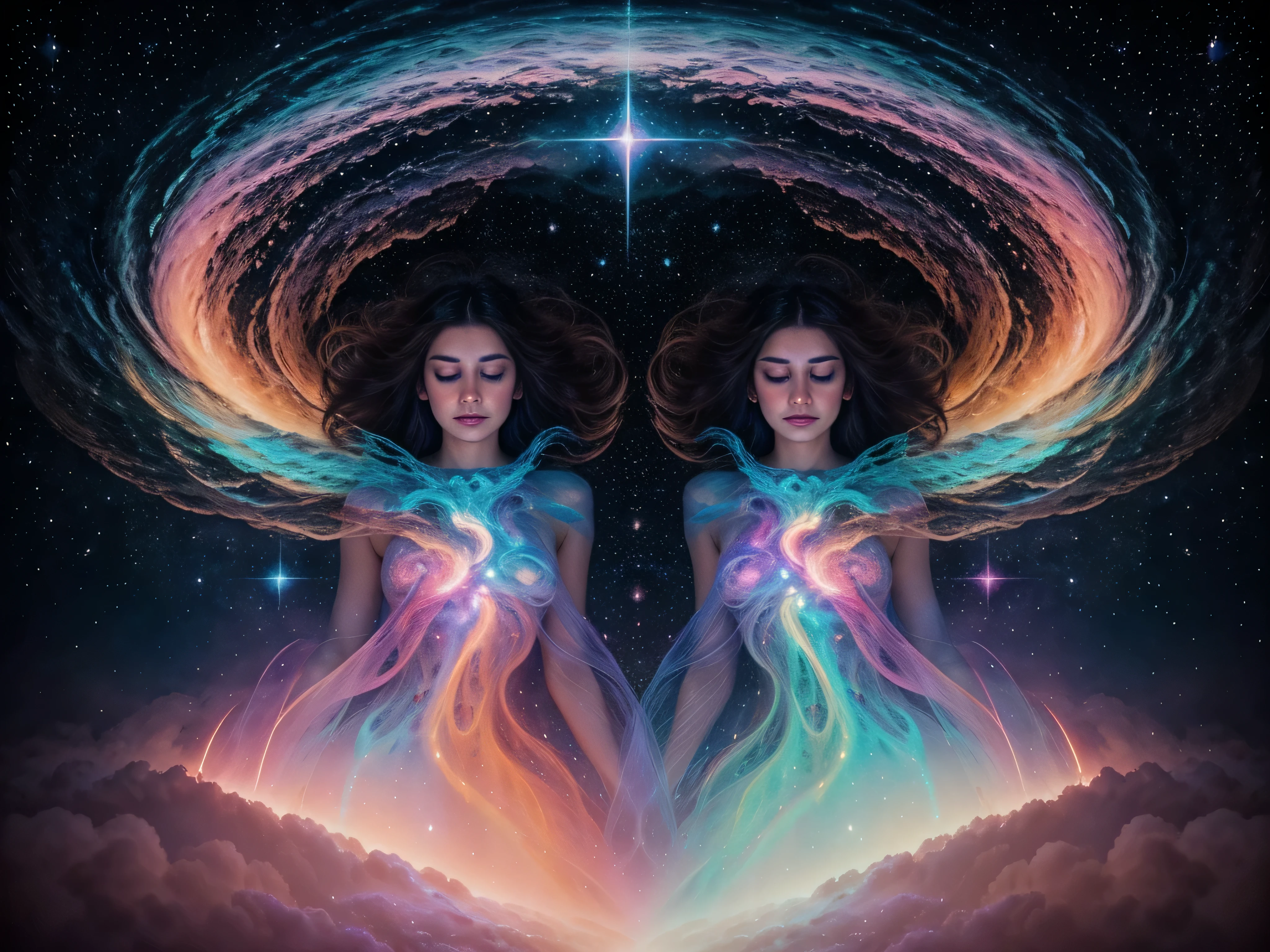 An ethereal union of cosmic entities dances in a surreal haze of pastel hues and glitchy distortions in an oil painting. The central focus is a mesmerizing spectacle of two swirling galaxies merging in a psychedelic display of neon pinks and electric blues. The image is meticulously crafted, with each brushstroke adding depth to the dreamlike scene. The shimmering stars and wispy nebulae create a sense of otherworldly wonder, drawing the viewer into a trance-like state of contemplation and awe.