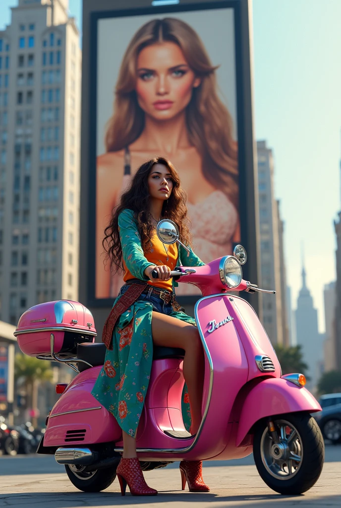 Realistic woman crazy fashionista with brown hair and crazy blue - green - orange - red outfit on a pink scooter standing in front of the billboard of the most popular fashionista in the city which she dreamed of becoming since ever