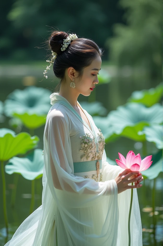 Chinese Song Dynasty ancient costume beauty black breasts, big hips and thin waist wearing cool translucent clothes playing in the lotus pond。