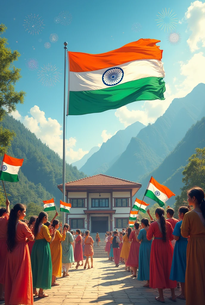 "Title/Caption: GDC Tangmarg Celebrates Independence DayVisual Elements:Background: A scenic view of GDC Tangmarg campus with the college building in the background, decorated with tricolor flags. The backdrop could include the majestic mountains of Kashmir, representing the region's natural beauty.Foreground:Main Element: A large Indian flag flying high in the center with a slight breeze, symbolizing pride and patriotism.Students & Faculty: A diverse group of students and faculty members from GDC Tangmarg dressed in traditional attire, holding smaller flags, and celebrating with smiles and enthusiasm.Activities: Students performing a cultural dance or holding placards with messages of freedom, unity, and progress.Additional Elements:Fireworks: Subtle and festive fireworks in the sky, adding to the celebratory atmosphere.Text Overlay: “GDC Tangmarg Celebrates Independence Day” in bold, elegant fonts, with a blend of saffron, white, and green colors. A subtext could read “Honoring the Spirit of Freedom” or “Together We Rise.”