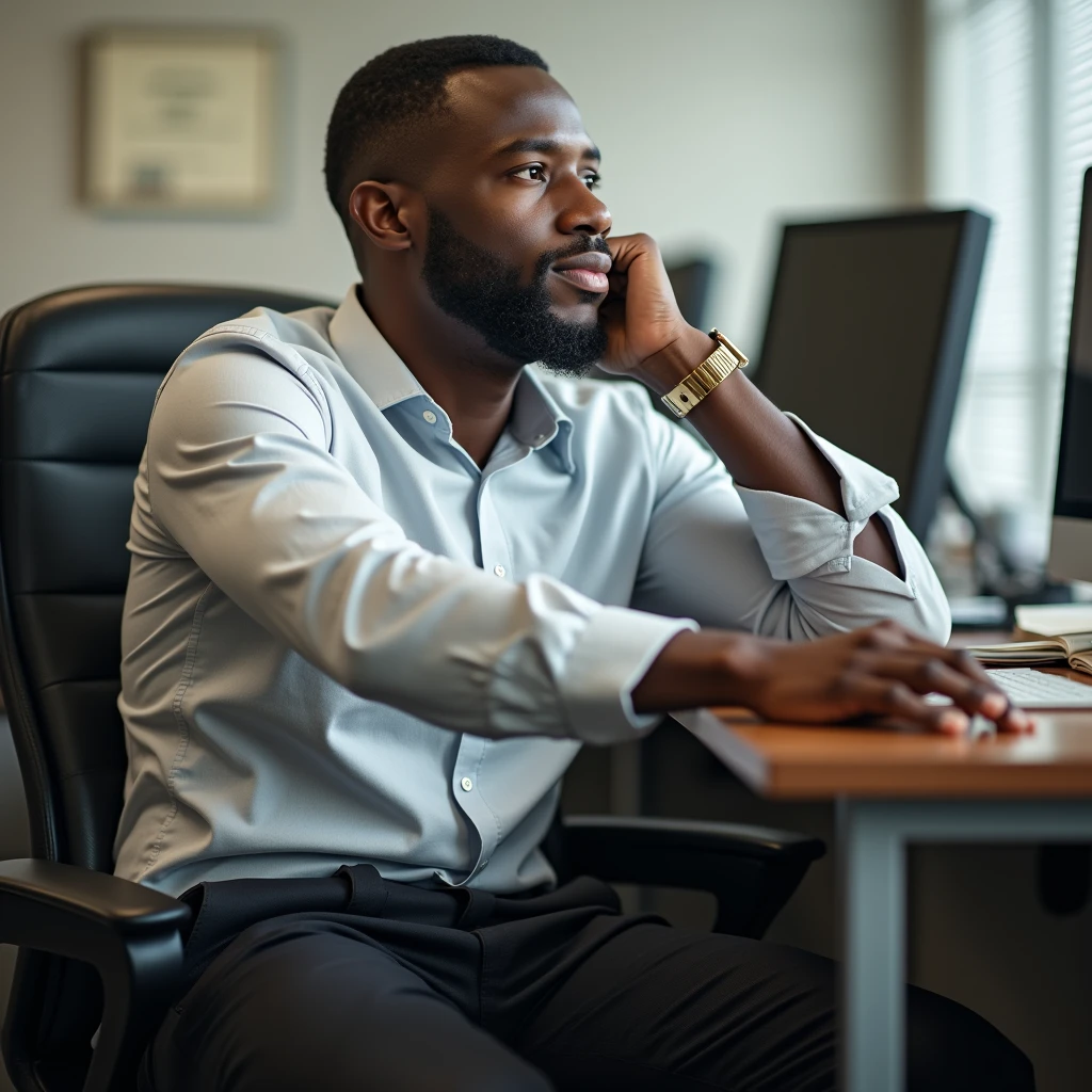Image of an African-American office worker resting while looking forward looking confident 