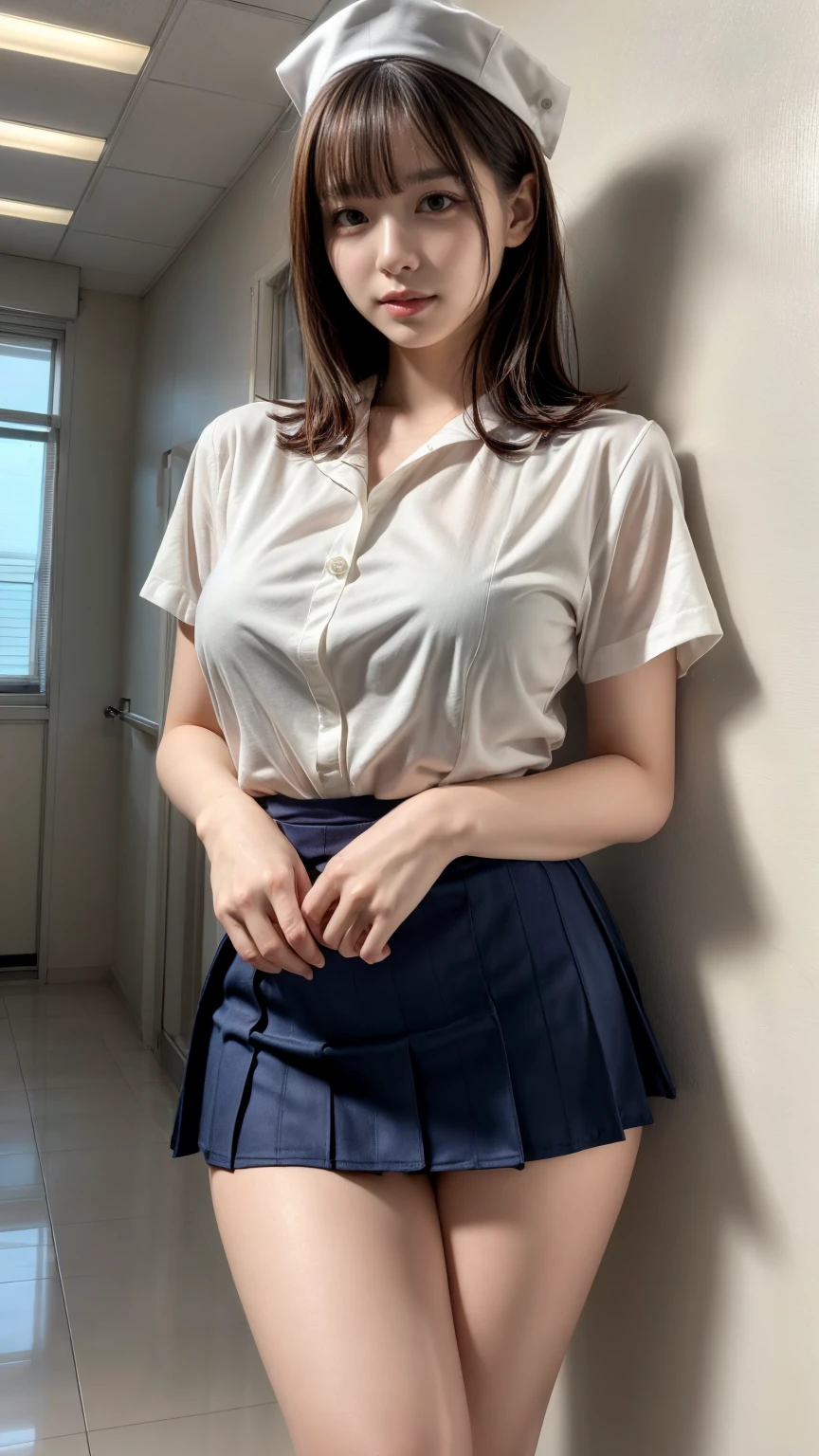 masterpiece, best quality, illustration, Super detailed, fine details, High resolution, 8K,wall paper, perfect dynamic composition,(Details High quality, realistic depiction of eyes:1.3), Hospital Rooms、White nurse cap、White tights、White nurse uniform、standing、Hand skirt、Flipping up a white skirt, large breasts,short bob hair, black hair color, Big Natural Color Lip, bold sexy pose, crying a little、20 year old girl、cute type、beautiful legs, hposing Gravure Idol