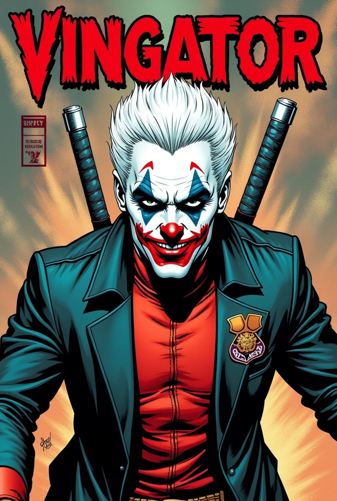 Old style marvel comic book cover ,with a character with clothes deadpool jumpsuit joker jacket face with clown makeup white hair, with title of "vingator"