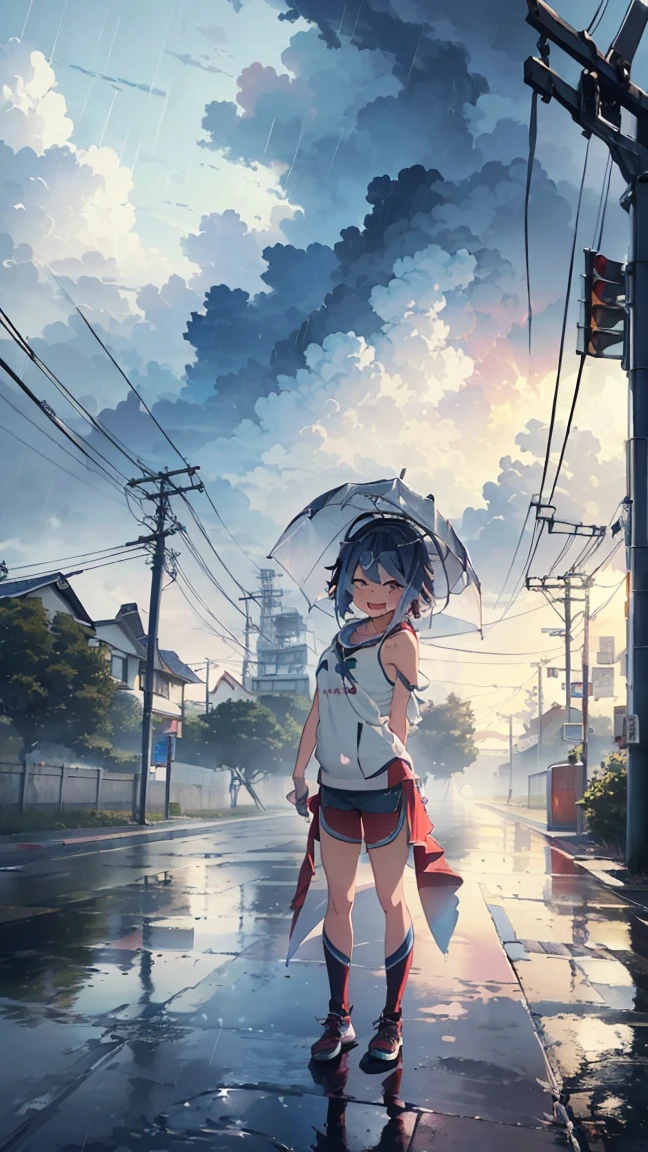 masterpiece, Highest quality, High resolution, Very detailed,(((Mikoto Naruka))), (((laughing。)))、(((Standing in the distance))), (((thunderstorm))), (((Electric pole))), (((Wearing gym clothes。))), (((Cloudy))), (((Rain Clouds))), (((Bus stop in the background))), (((station)))