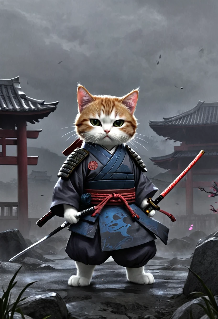 (drawing:1.3),Samurai cat, battlefield, (Animation Art), 2D, Colored, Gloomy atmosphere、Protecting the kitten
