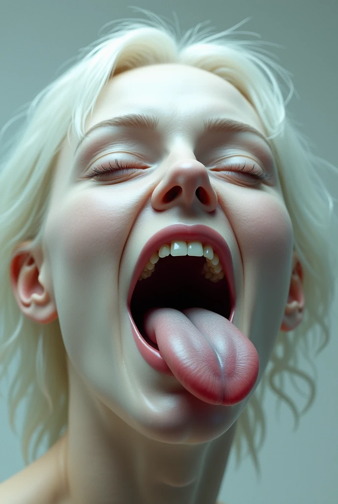 Albino blonde milf, opens her mouth wide showing you her uvula and super thick white realistic Tongue