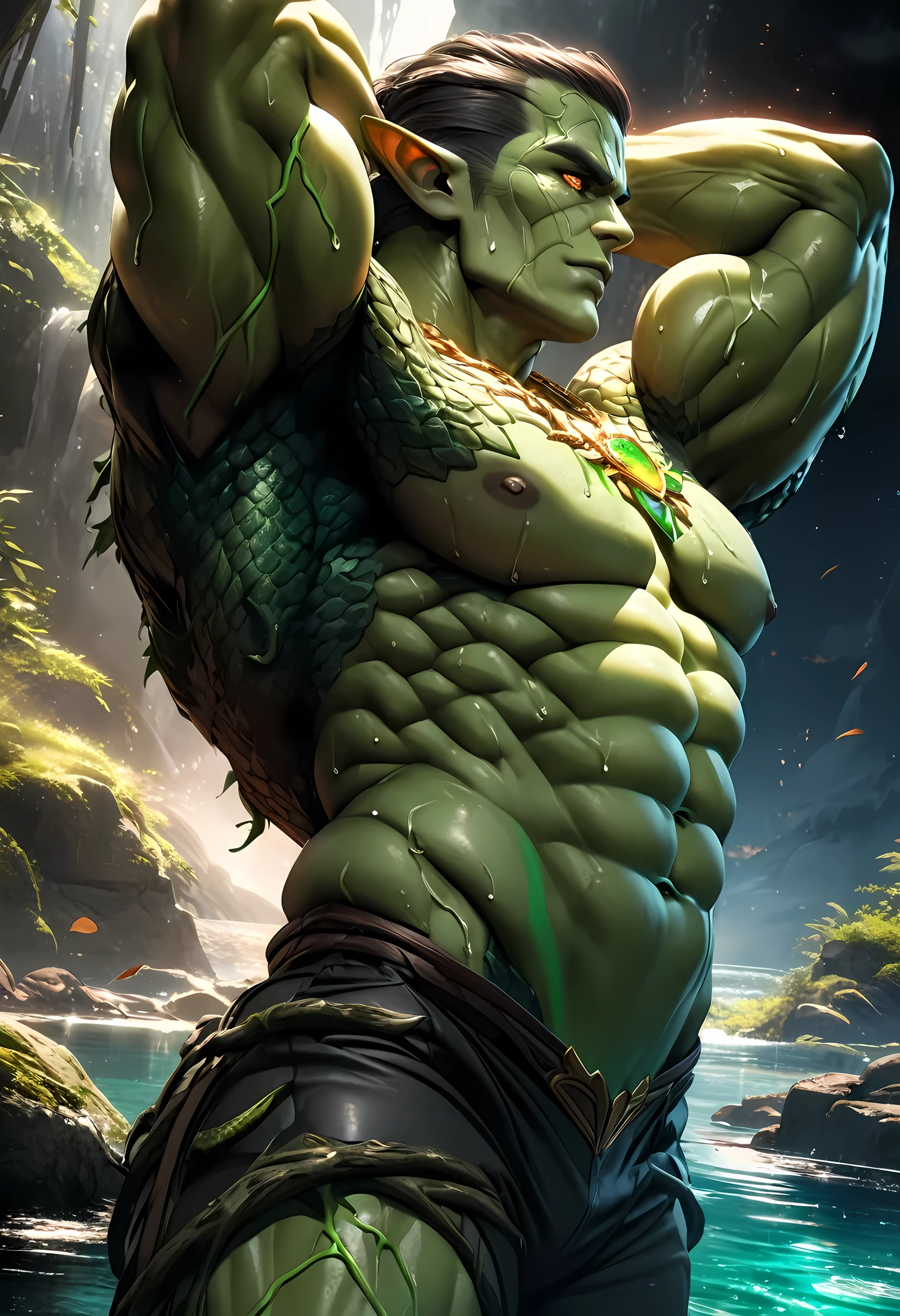 (((intricate design))) (((professional))) (((clear focus))) (((32k UHD Resolution))) (((photorealistic))) (((hyper-detail))) (((masterpiece))), ultra-realistic, expressive eyes, perfect face, mesmerising eyes, perfectly detailed anatomy, low contrast, a digital render (((Volumetric lighting))) (((natural lighting))) (((nighttime))) (((1Male))) (((Bodybuilder))), (((muscular))), (((hyper pecs))) there is a sexy mature man with green paint on his body, slick shaved sides hairstyle, ((thighs)) bodily fluids, round butt, green coloured skin, gay, green skin! (((green coloured skin!!))), (((green skin))). (((green-skinned))), (((wearing BDSM gear))) ((green skin with scales)), ((green skin)), windy, (((greenish skin))) plantation on the male body, fluorescent green skin, (((radiant orange eyes))), extremely windy, leaves falling (((a powerful nature deity))), elf ears, druid magic, green gem necklace, hot reptile muscular humanoid man, scales, muscular green body. Glowing veins, nature spirit, wrapped in vines, wet, oily, sweaty (((in a cosmic radiant lake))) (((hands behind head)))