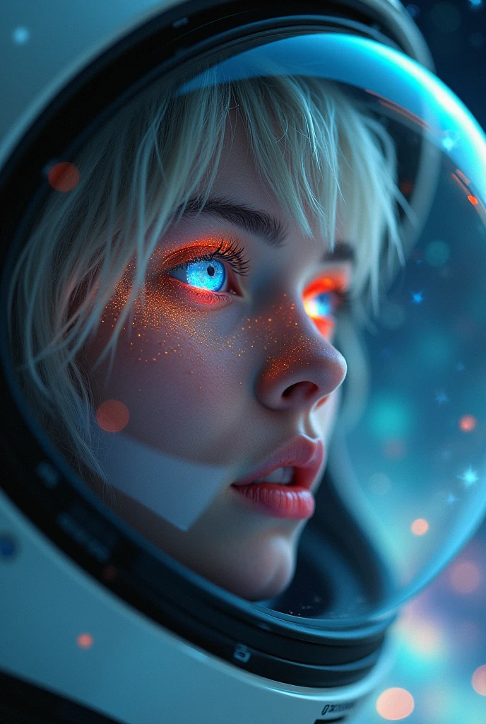 (Close-up of a better masterpiece:1.5)0.9], (Space and astronauts:1.2) (Messy silver hair:1.1) (Heterochromia xanthochromia and blue eyes:1.2) (Space Helmet:1.0) (Colored stars in the eyes:1.0) (A radiant glow:1.1) (thick lips:0.9)
