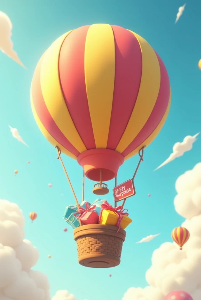 Hot air balloon with birthday presents inside animated version and sign that says Fly Surprise