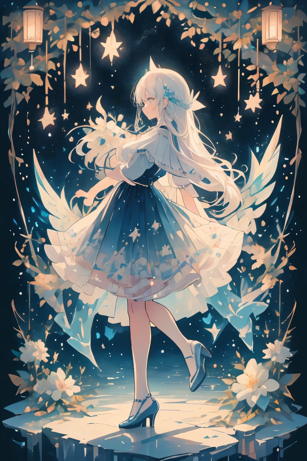 (Mastepiece), (Best Quality), Very detailed, 1 girl, (Full body solo shot:1.5), Perfect Face, beautiful girl, Very detailedな顔,(White hair long hair:1.5),(blue eyes:1.4),(Lots of butterflies々:1.2)、(Lots of white flowers:1.4)、(Lots of blue butterflies々:1.3)、(Sparkling:1.3)、moonlight、流れstar、(night、star空:1.4)、Crescent Moon、star々、moonlight