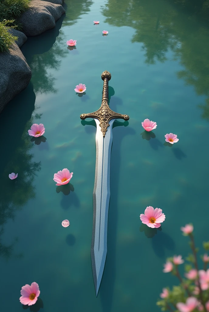 The clear water has a few pink petals and a sword. Top view of the lake. Looks a little more real. More petals. The water surface looks more real.