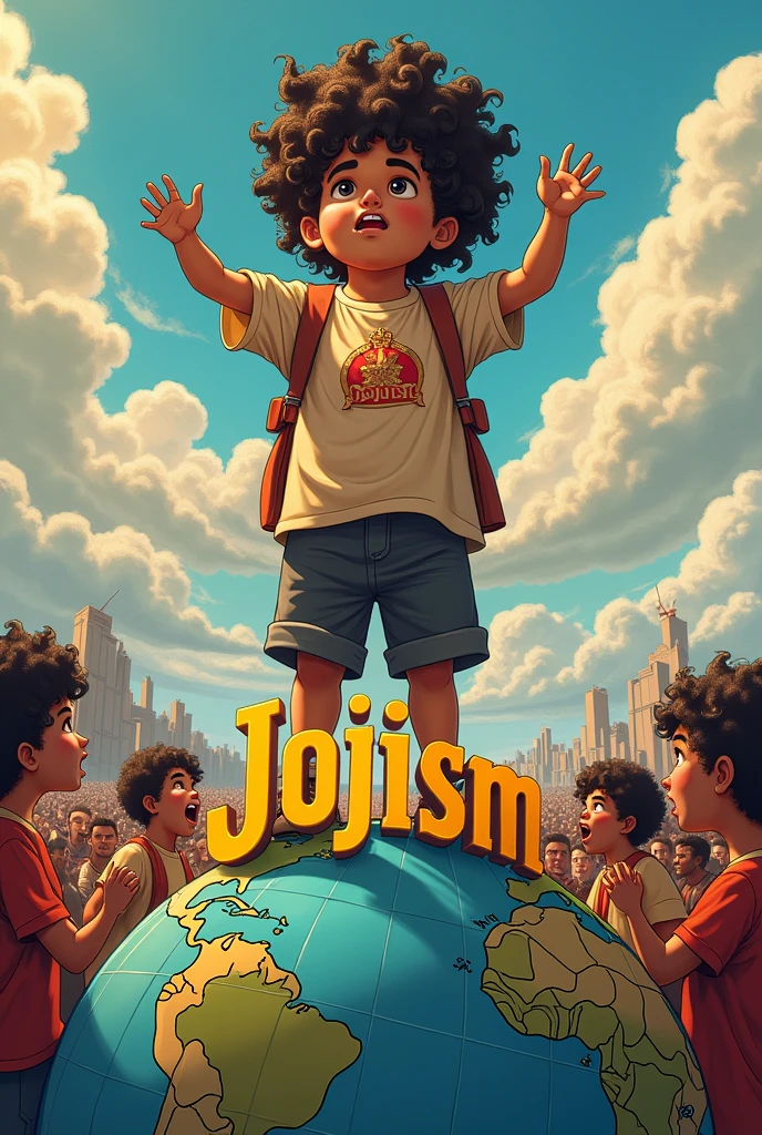 A fat boy of approximately 15 years old with short and very curly hair taking over the world and spreading a new religion called "jojism" and make the name of the religion clear in the image
