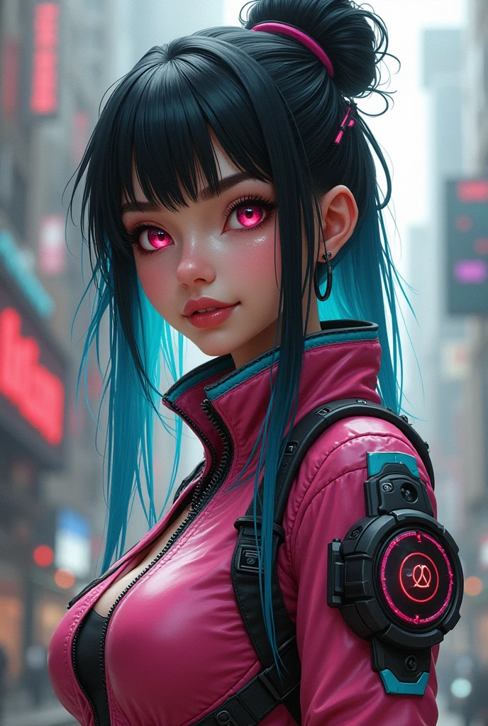 Young woman, in her twenties, black hair, messy bun, blue on the inside back of hair, pink eyes, bold mechanical clothing, lush body, tall height, winning smile , videogame style, Light skin