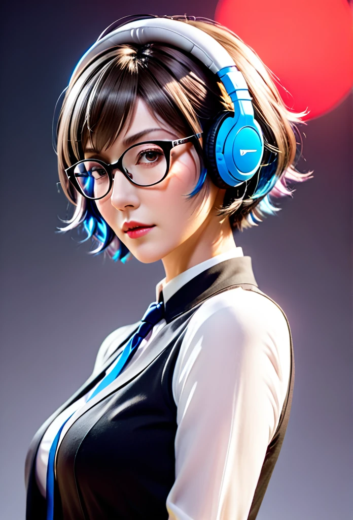 A original character, a adult woman, with a maternal yet alluring gaze. Dressed formally with a touch of sportiness, wearing headphones and glasses. Short hair, strongly inspired by Tae Takemi from Persona 5. Striking a dynamic pose with multiple points of light, featuring calm colors.