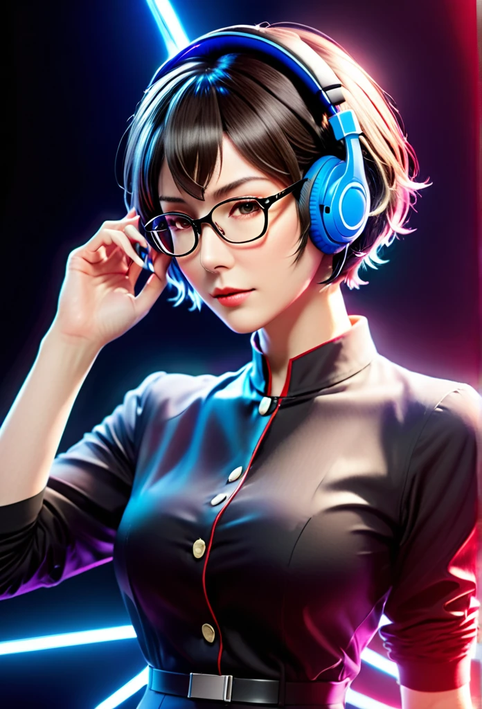 A original character, a adult woman, with a maternal yet alluring gaze. Dressed formally with a touch of sportiness, wearing headphones and glasses. Short hair, strongly inspired by Tae Takemi from Persona 5. Striking a dynamic pose with multiple points of light, featuring calm colors.