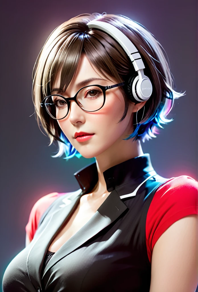 A original character, a adult woman, with a maternal yet alluring gaze. Dressed formally with a touch of sportiness, wearing headphones and glasses. Short hair, strongly inspired by Tae Takemi from Persona 5. Striking a dynamic pose with multiple points of light, featuring calm colors.