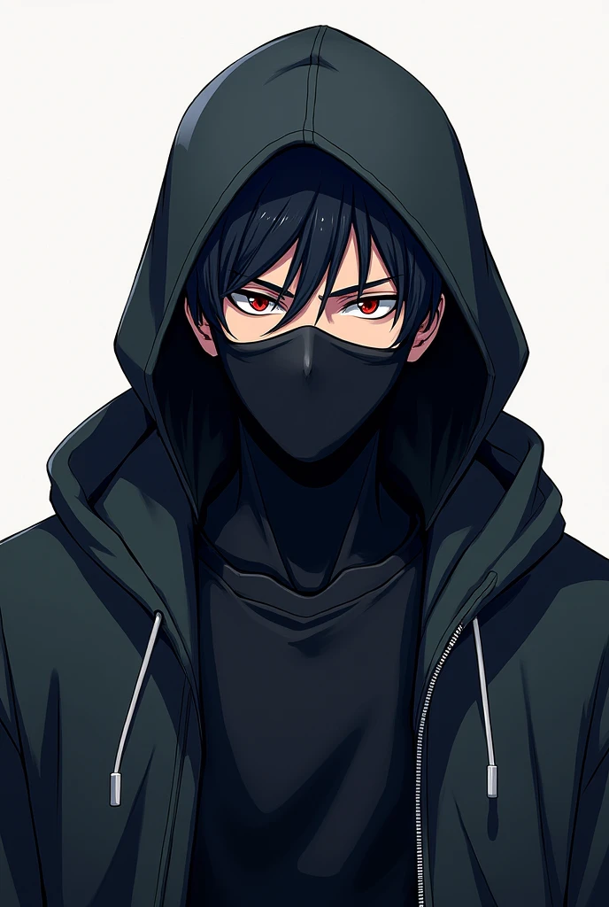 A male anime character looking strate, a mask on face, weared a hoodi, clear face, full body picture 