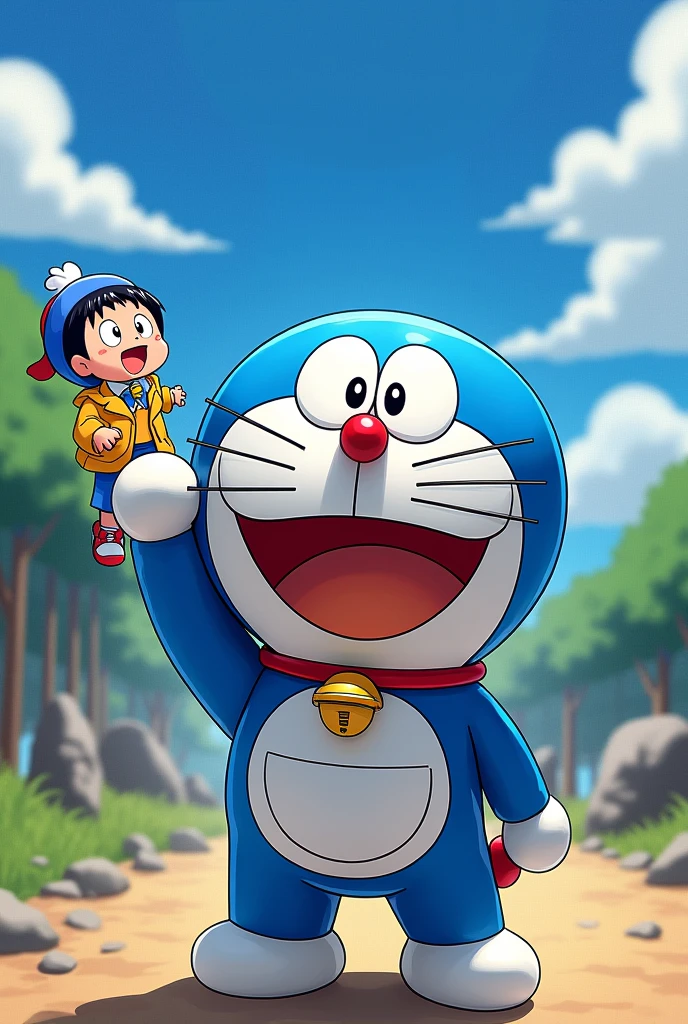 Doraemon and Nobita's Adventure:** Show Doraemon and Nobita in the foreground, looking excited and ready for an adventure. Doraemon is holding one of his gadgets, such as the "Anywhere Door," while Nobita stands beside him with a look of anticipation. The background should hint at the adventure's setting, whether it’s a futuristic city, a magical forest, or outer space, with bright and vibrant colors to capture attention