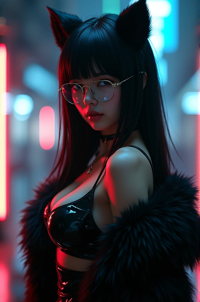 (masterpiece, Best Quality), 1 girls, black fur, Glasses, cyberpunk, Alone, high waistband, sexy appearance