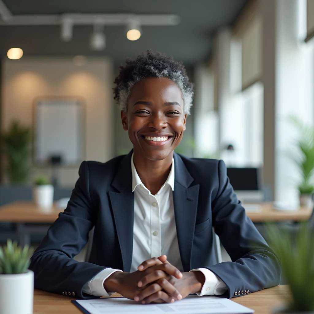 Image of an African-American office worker resting while looking forward, smiling and looking confident