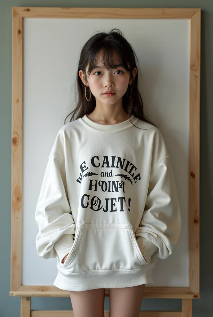 realistic photo, detailed photo, look at the viewer, ( large poster stand in front of the girl), large poster has word and design on it, large poster cover the body of girl,