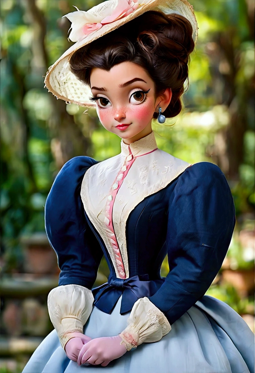 Year 1898. Humanized Minnie Mouse as a pretty, flirty 12yo girl, seducing a horny 69yo gentleman. 1890s fashion. Victorian high-collar navy blue dress with (((long puff sleeves cuffed into wrist-high white silk gloves. Powder blue sash cinched around her waist. Navy blue ankle skirt. Pink straw boater hat with a stuffed white bird held on top and a veil in the front))). Long raven brunette hair (((tied into a bun enclosed in a net))). Wasp waist. (((Bubble butt sticking out))). Petticoats. Thigh-high silk stockings. High-waisted open bloomers. (((White high-heel button boots:1.2))). 1890_dr3ss. Gorgeous face, big blue eyes, dimple cheeks, coquettish smile. Victorian park setting. Full body