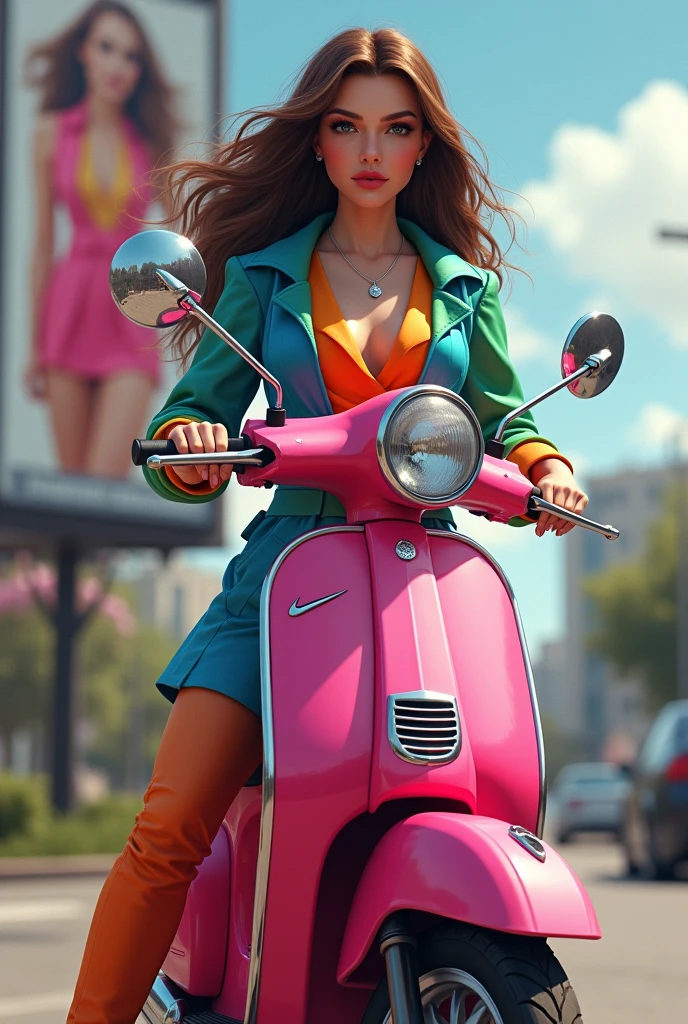 Realistic woman crazy fashionista with brown hair and crazy blue - green - orange - red outfit on a pink scooter standing in front of the billboard of the most popular fashionista in the city which she dreamed of becoming since ever