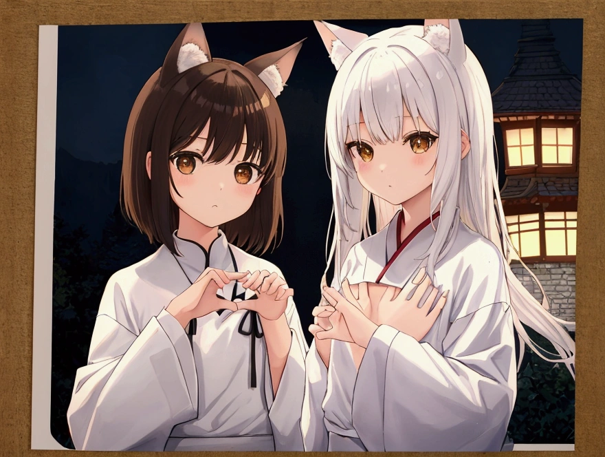 (Printed Polaroid Photo\(2females および2人の女の子 cute,cute　Five fingers　Five fingers　Small wolf ears　Small wolf ears　White Shorthair　Brown short hair　Petite　 Petite　Normal chest　Normal chest　first round　first round　Samurai in white clothes　Wizard in brown clothes　The background is the castle wall