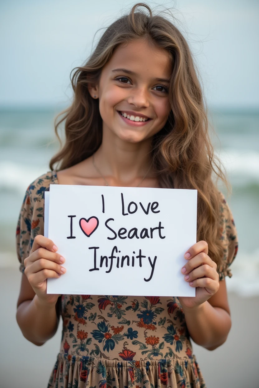 Beautiful girl with wavy long hair, bohemian dress, holding a white board with text "I Love Seaart Infinity" and showing it to the viewer