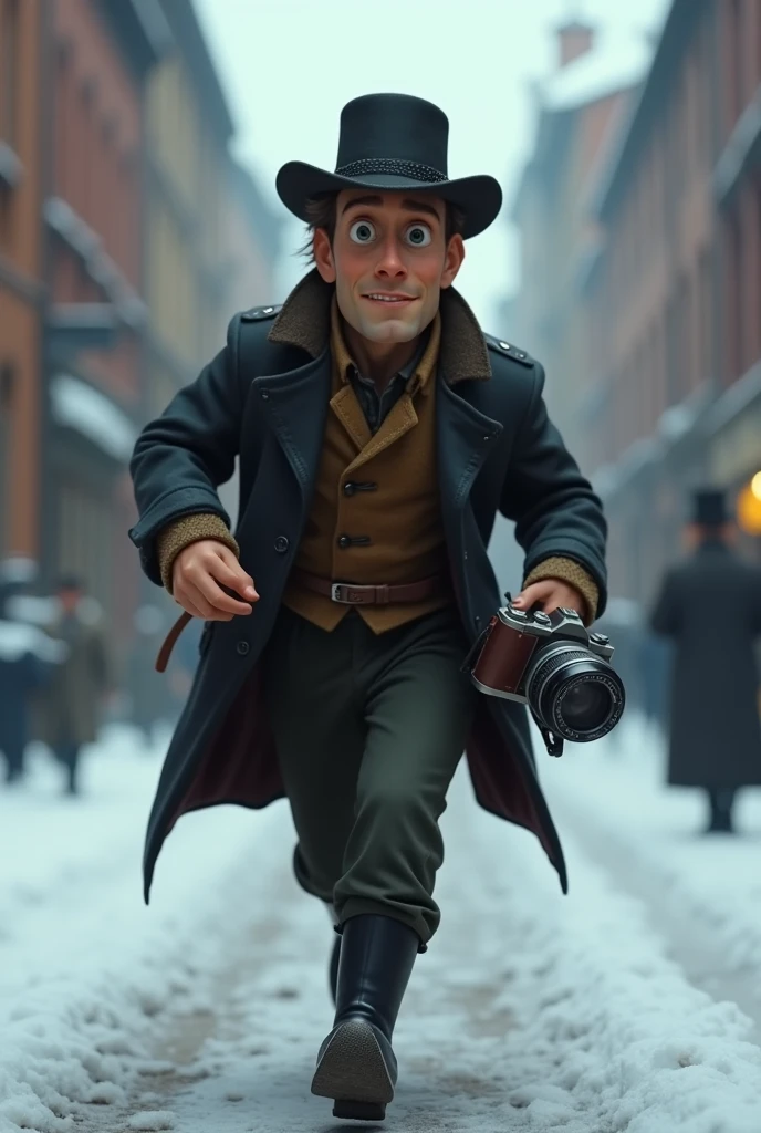 A man in his thirties. In the nineteenth century AD. Running away from something in an old city. The city is in winter and there is snow. He holds an old camera in his hand. The man is wearing black boots. Flat hat. The character Pixar style. Disney style.