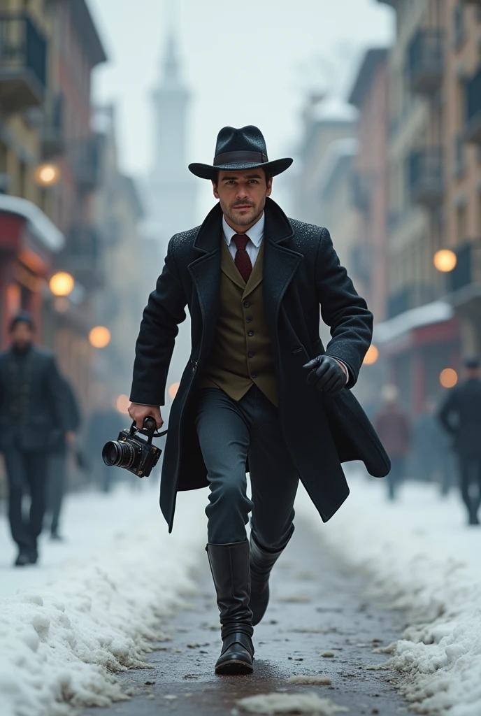 A man in his thirties. In the nineteenth century AD. Running away from something in an old city. The city is in winter and there is snow. He holds an old camera in his hand. The man is wearing black boots. Flat hat. The character Pixar style. Disney style.