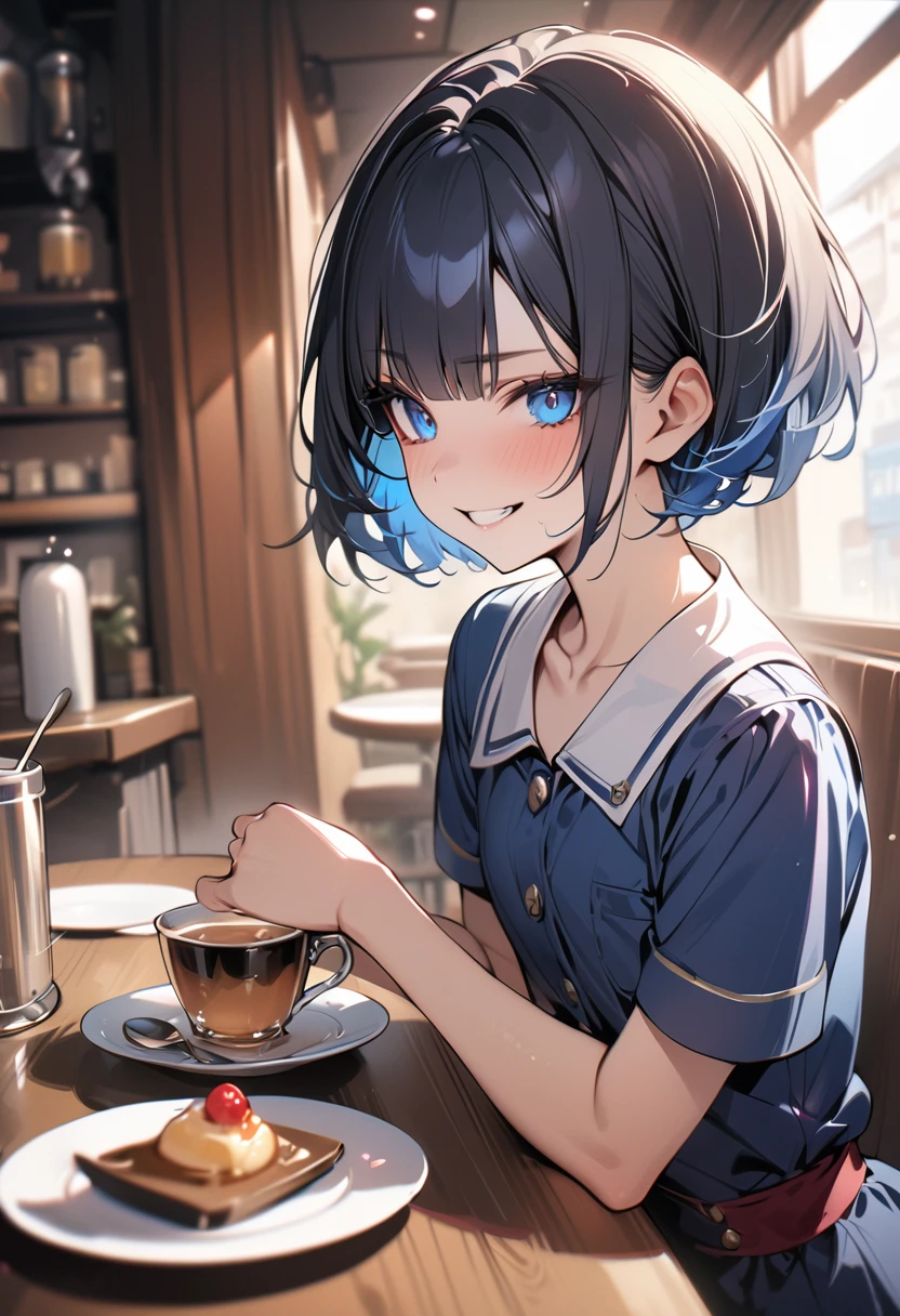 (masterpiece, best quality:1.5), (high resolution 8K), detailed eyes and face, detailed body,
BREAK (extra short hair:2.0), blunt bangs, black hair, (inner blue color hair:1.2), blue eyes, 14 years old, flat chest,
BREAK evil grin,
BREAK waitress, cafe