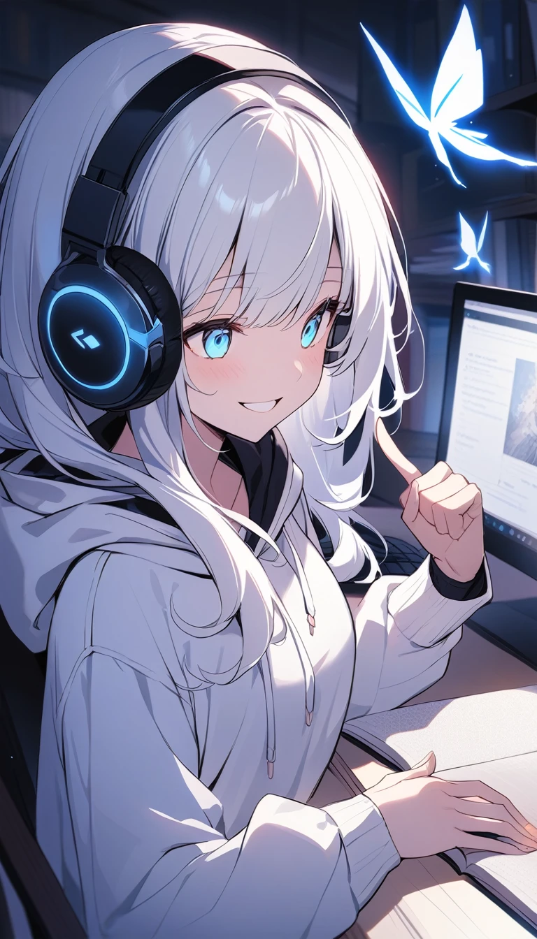 Long white hair、Fluttering Hair、20-year-old women、In detail、beautifully、Glowing Skin、smile、hand2Book、Fingers5Book、Wearing a white hoodie、computer、Headphones、