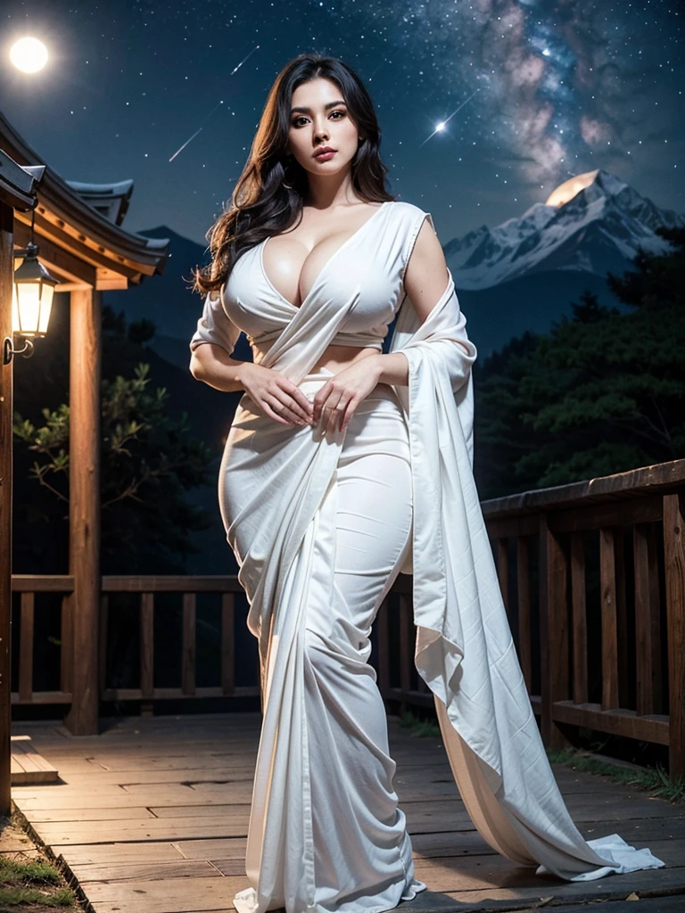 Beautiful woman posing, straight photoshoot pose, full body portrait, moonlit night of the shooting stars, night time, winter, walking on forest path, detailed face, cute, big eyes, iconic, photorealistic, mountain temple, detailed background, big huge large breasts, huge large round ass,huge large bubble butt ,sexy see through saree, long wavy hair, huge large cleavage, symmetric face, masterpiece, 8k, ultra realistic