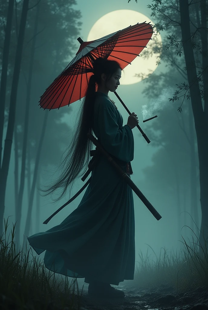Samurai girl holding a big umbrella,smoking a cigarrete with a bunch of black shadows behinds him,long hair,fog,wind,night,highnoon,bamboo,grass on the ground,mud on the ground,film grain,,traditional japanese art,oriental,cinematic,sekiro,ghost of tsushima,handmade,art nouveau,detailed, sexy, nsfw detailed beauty face, all body shot