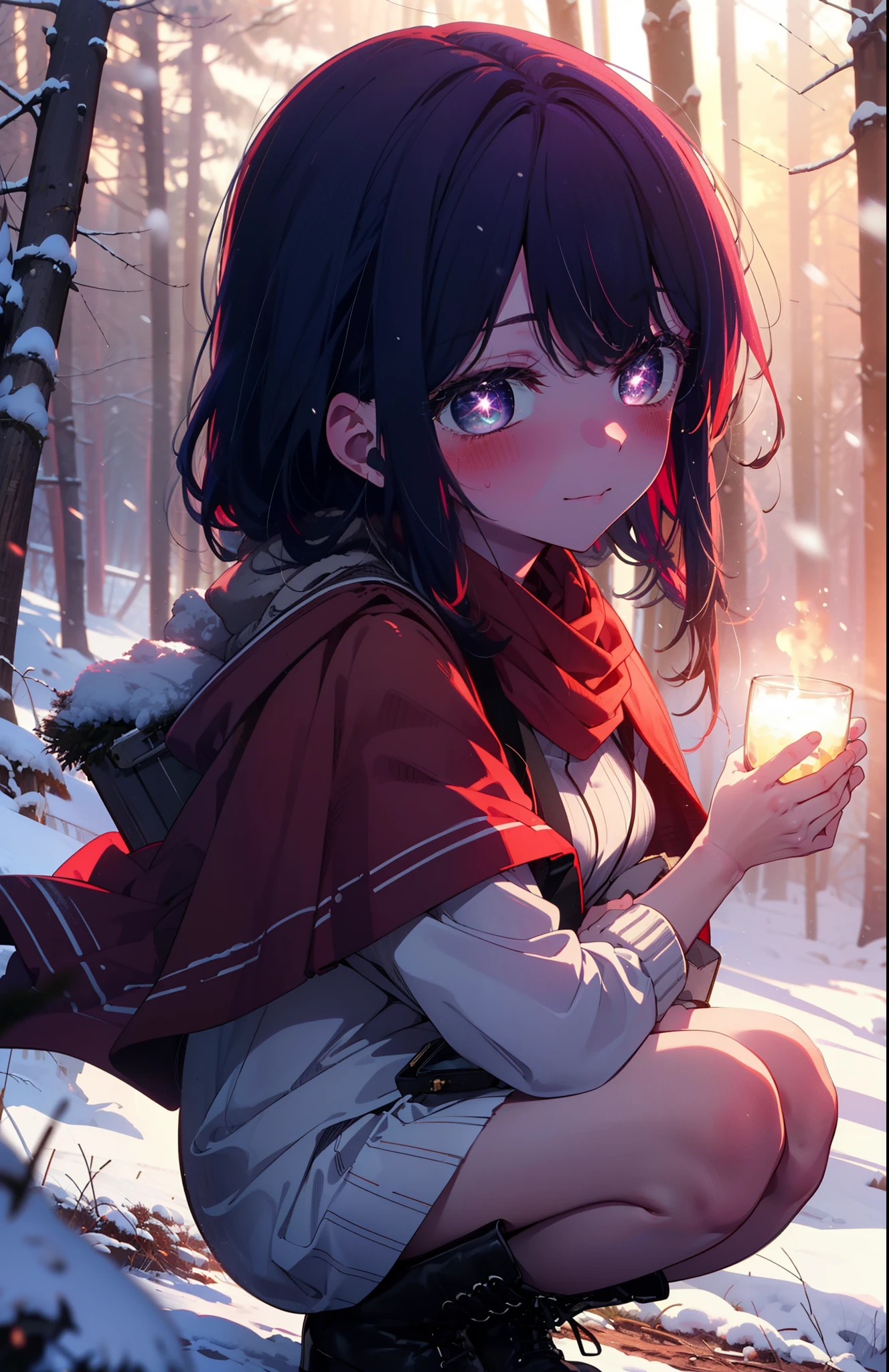 aihoshino, Ai Hoshino, Long Hair, bangs, (Purple eyes:1.1), Purple Hair, (Symbol-shaped pupil:1.5), smile,,smile,blush,white breath,
Open your mouth,snow,Ground bonfire, Outdoor, boots, snowing, From the side, wood, suitcase, Cape, Blurred, , forest, White handbag, nature,  Squat, Mouth closed, Cape, winter, Written boundary depth, Black shoes, red Cape break looking at viewer, Upper Body, whole body, break Outdoor, forest, nature, break (masterpiece:1.2), Highest quality, High resolution, unity 8k wallpaper, (shape:0.8), (Beautiful and beautiful eyes:1.6), Highly detailed face, Perfect lighting, Extremely detailed CG, (Perfect hands, Perfect Anatomy),