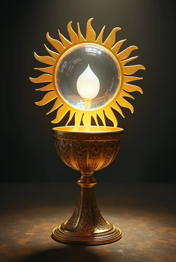 In this picture, replace the top of the chalice with something resembling the sun, still golden, but in the middle it must be transparent and a white host can be seen inside