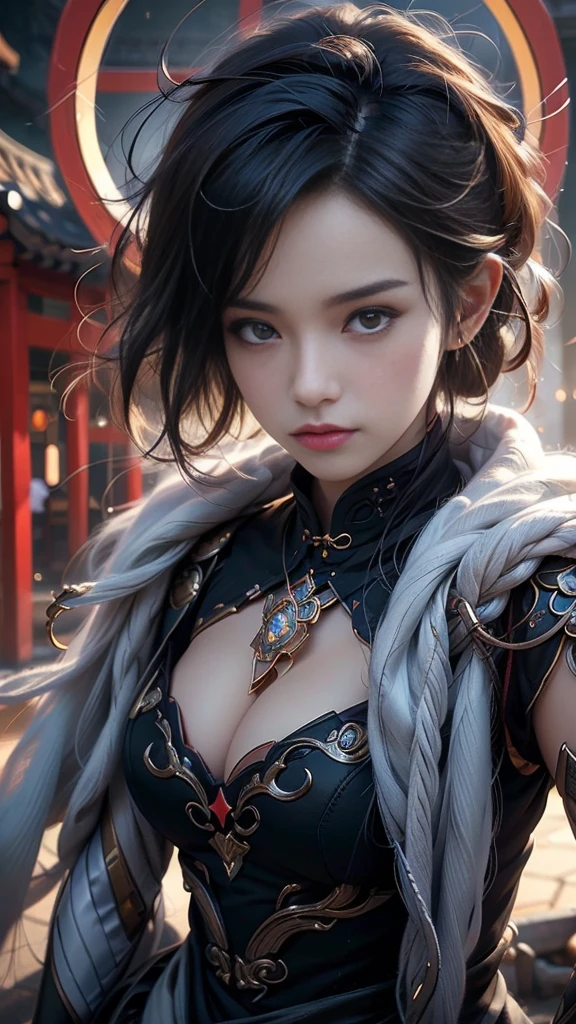 Highest quality,masterpiece,Ultra-high resolution,(Realistic:1.4),Xiuxian,arms,Detailed face,.One girl,alone,arms,Cleavage,(magic circle:1.2),Xiuxian,Upper Body,beautiful girl,whole body,east asian architecture,sheath,architecture .